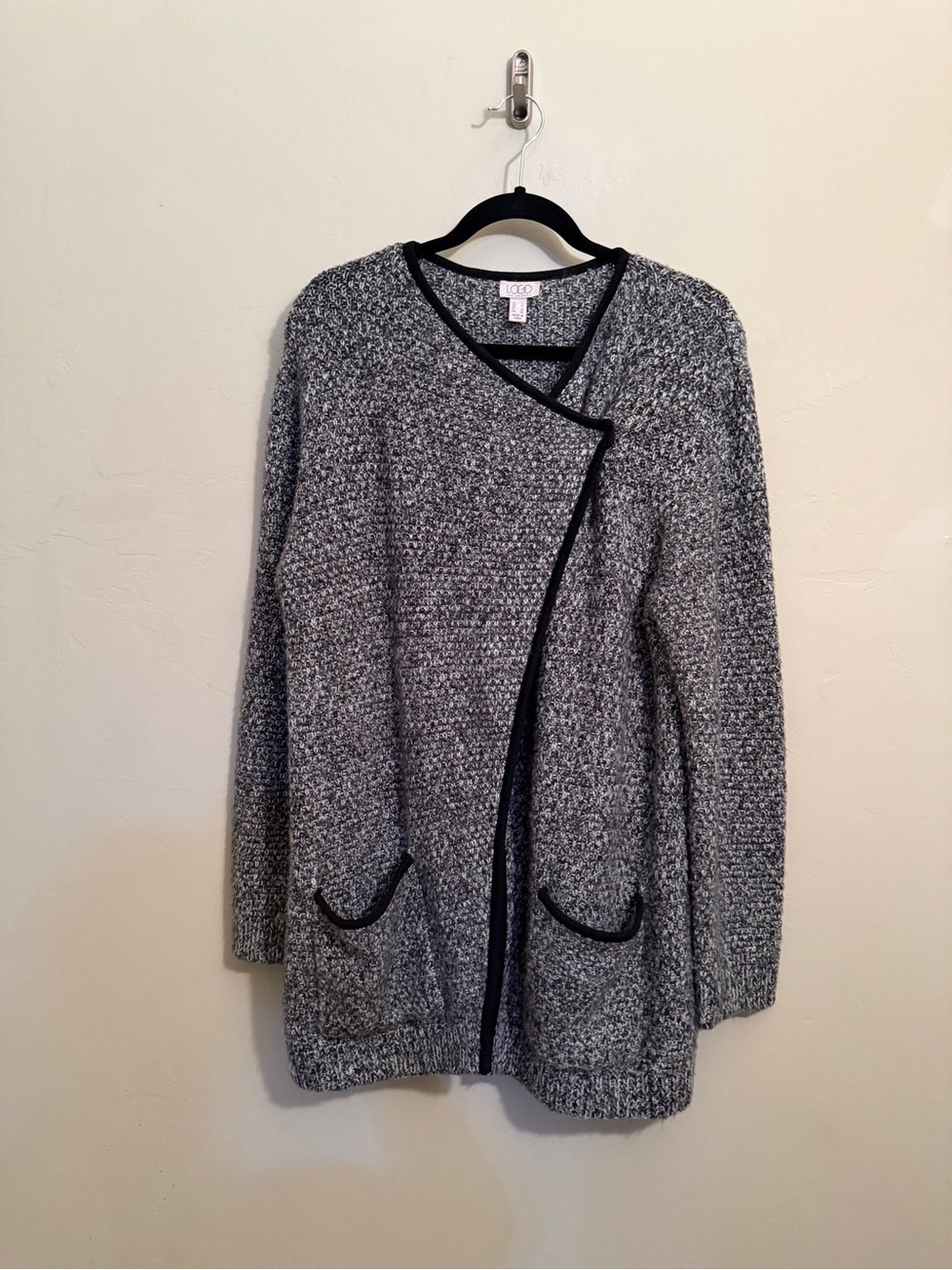 LOGO by Lori Goldstein Marled Open Front Cardigan Sweater Gray Black Size L